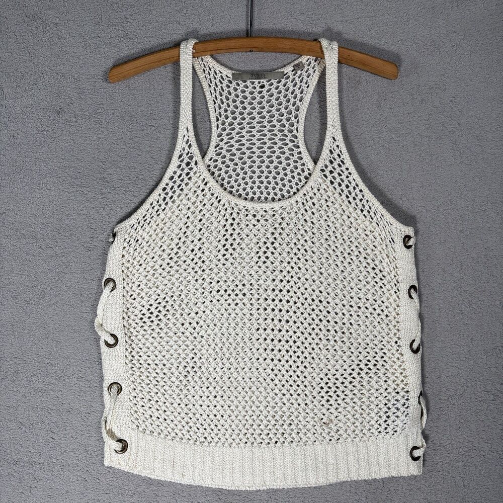 Guess Tank Top Women's Size M Cream Open Crochet Coastal Beach Festival Bohemian